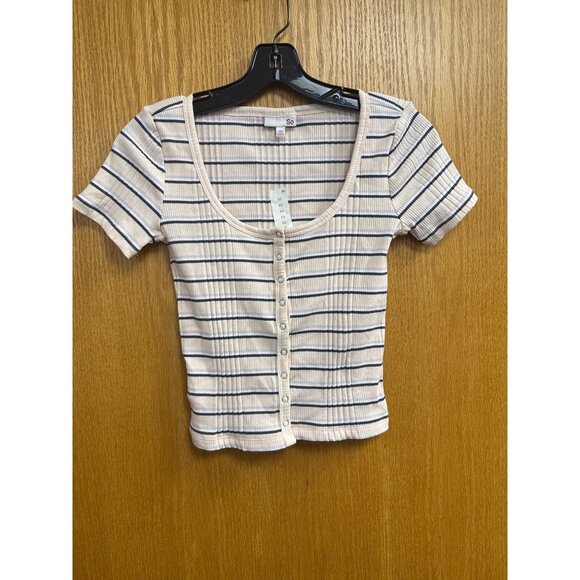 Striped Ribbed Button-Front Short Sleeve Crop Top XS By So Beige/Black - Picture 2 of 6
